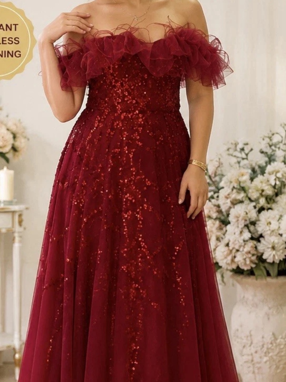 Off-Shoulder Burgundy Sequin A-Line Evening Dress